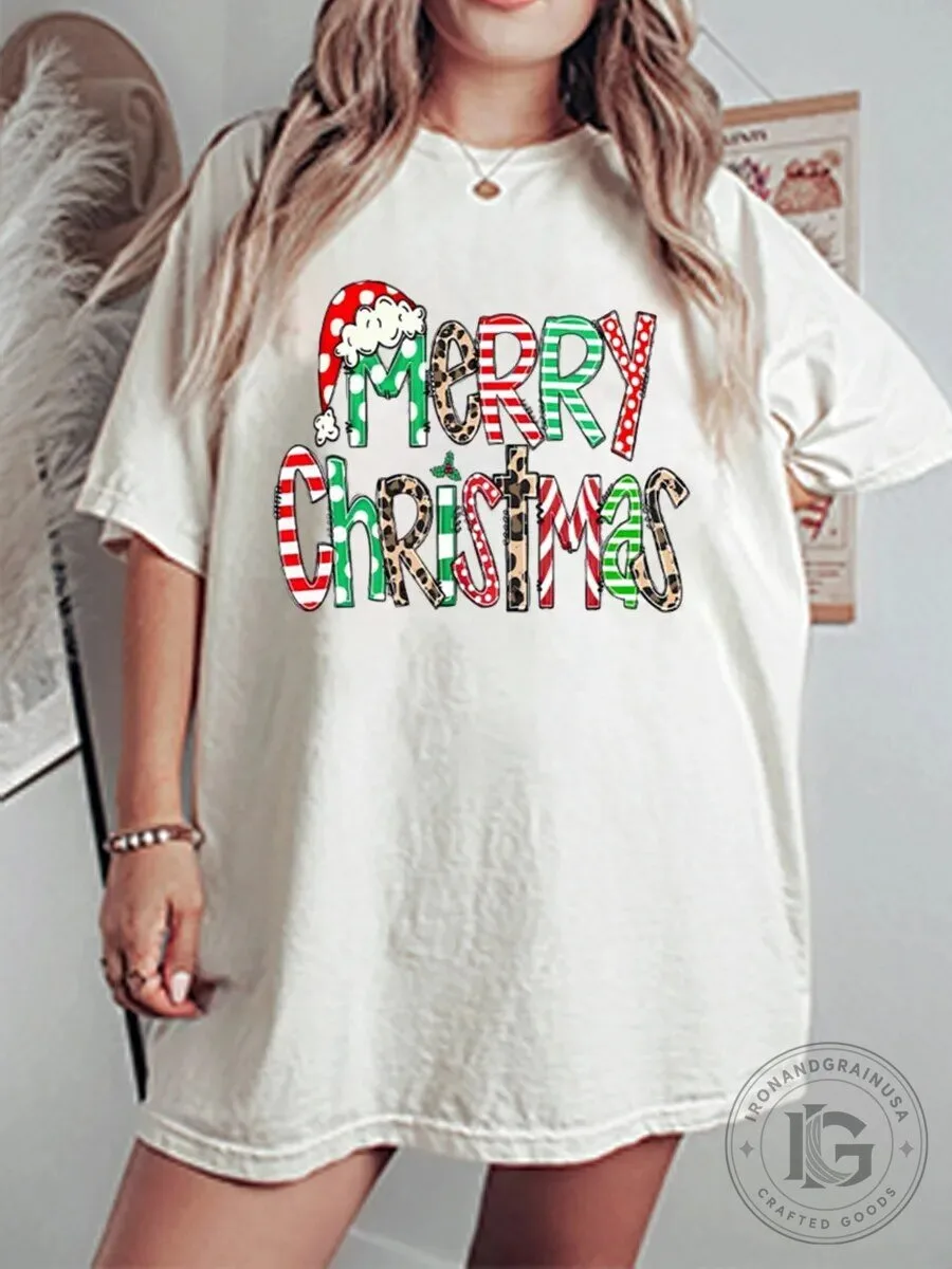 Merry Christmas Santa Hat Striped Polka Dot Leopard Print T-Shirt