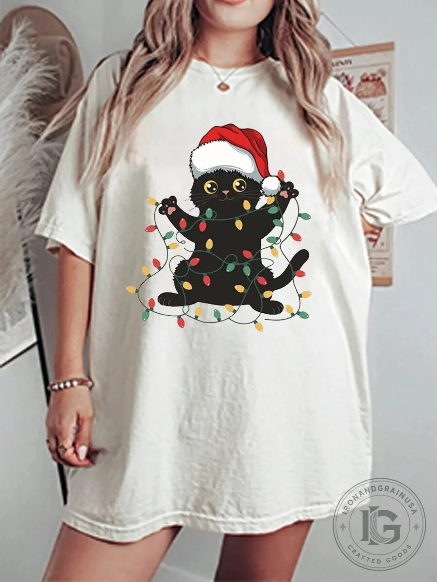 Christmas Lights Holiday T-Shirt featuring a Cute Cat in a Santa Hat
