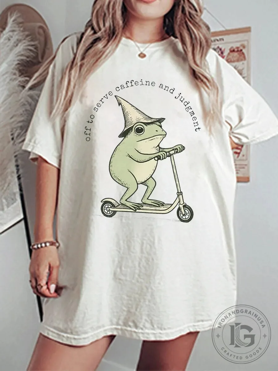 Off To Serve Caffeine And Judgment Frog On Scooter Funny T-Shirt