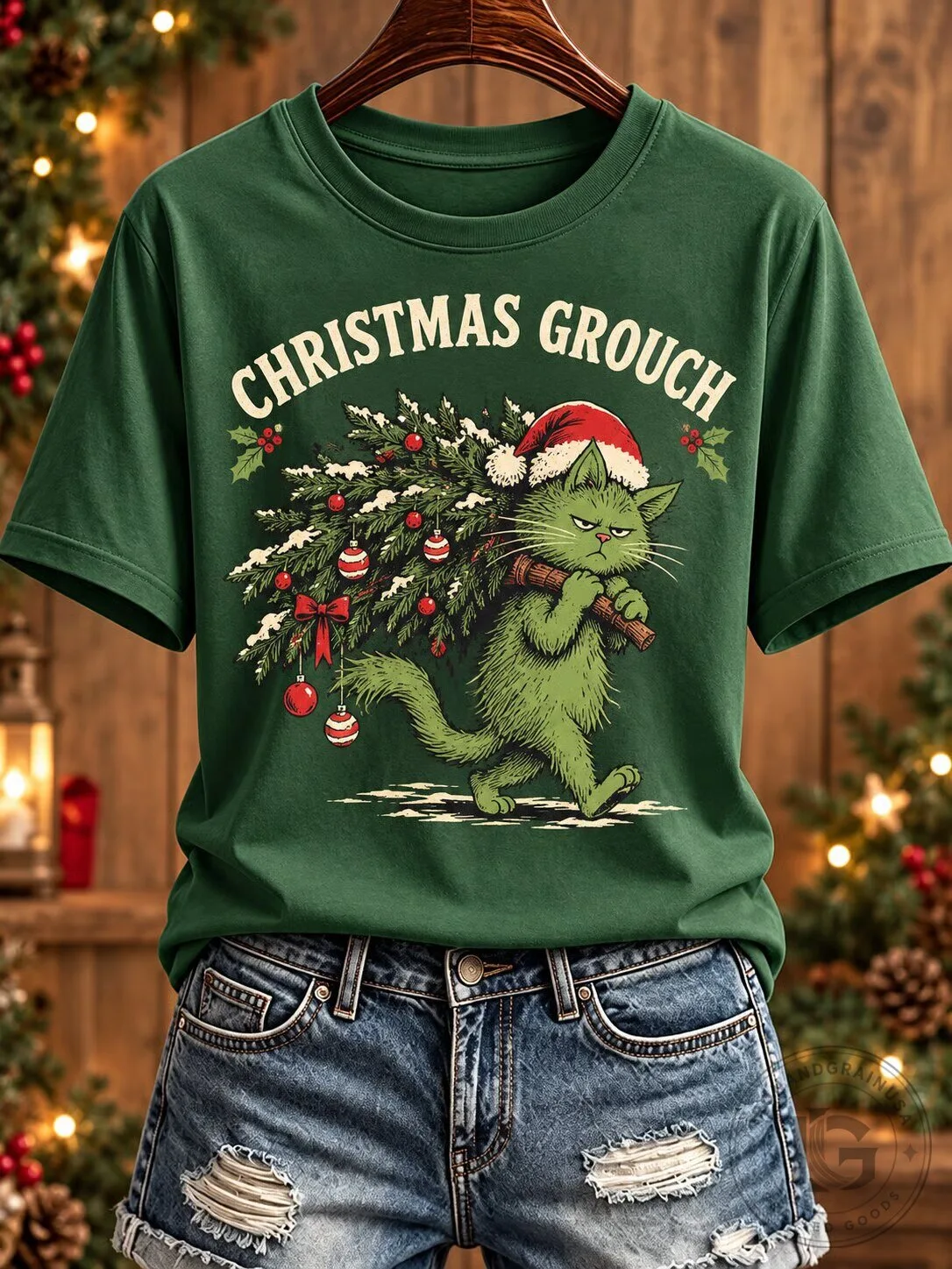 Christmas Grouch Green Cat Carrying Tree Holiday T-Shirt