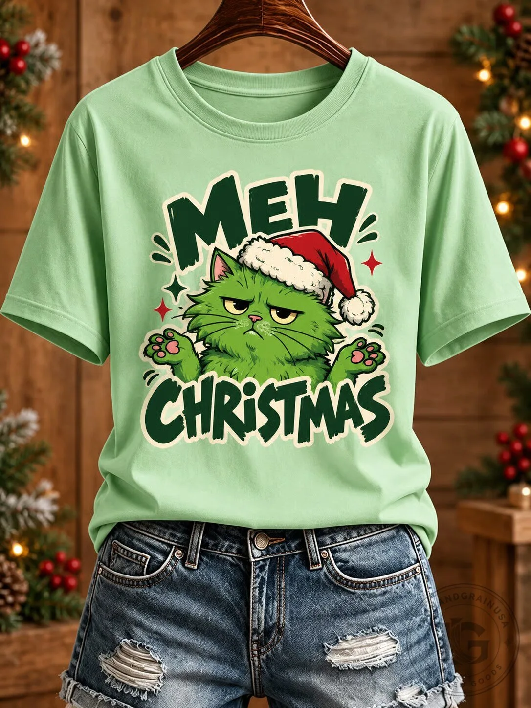 Grumpy Cat Meh Christmas Green Holiday T-Shirt for Women 7 Grumpy Cat Meh Christmas Green Holiday T-Shirt for Women