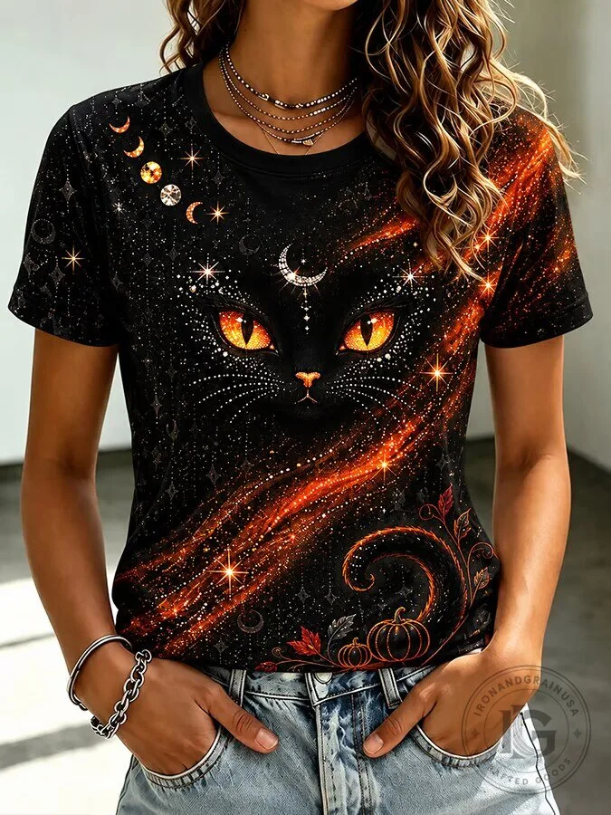 Mystical Black Cat Crescent Moon Halloween Short Sleeve T-Shirt
