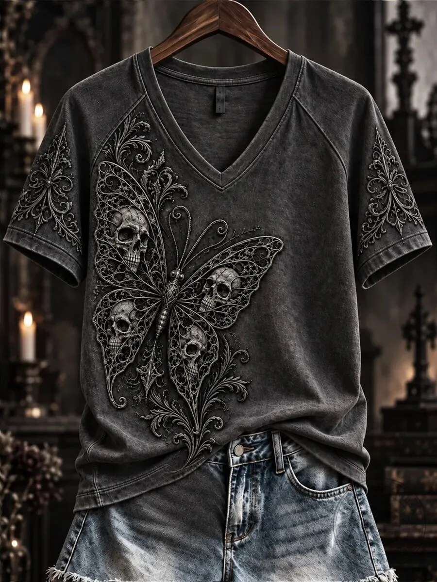 Gothic Butterfly Skull Print V-Neck Short Sleeve T-Shirt for Women 2 Gothic Butterfly Skull Print V-Neck Short Sleeve T-Shirt for Women