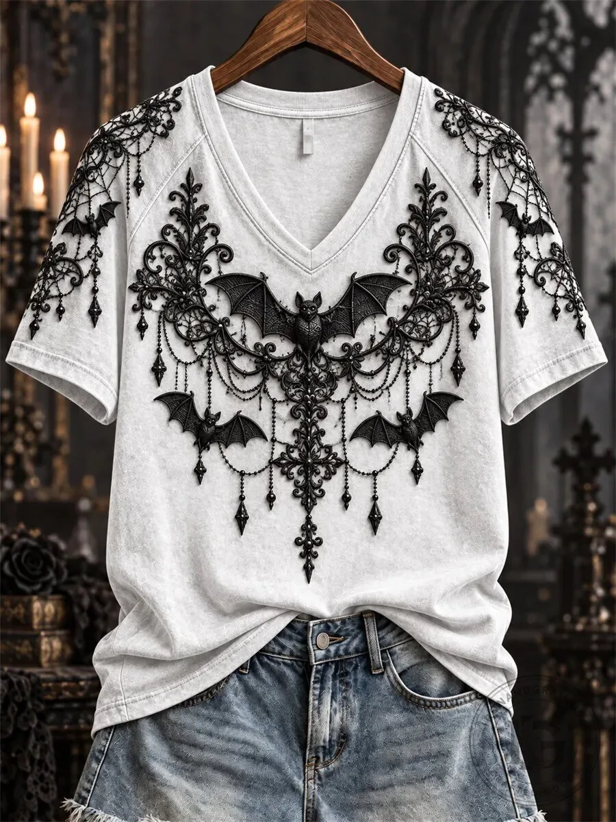 Gothic Bat Lace Halloween Women's V-Neck T-Shirt 5 Gothic Bat Lace Halloween Women