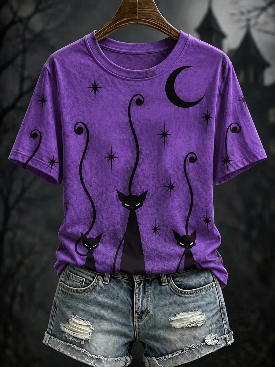 Halloween Black Cat Moon and Stars Purple Women's T-Shirt